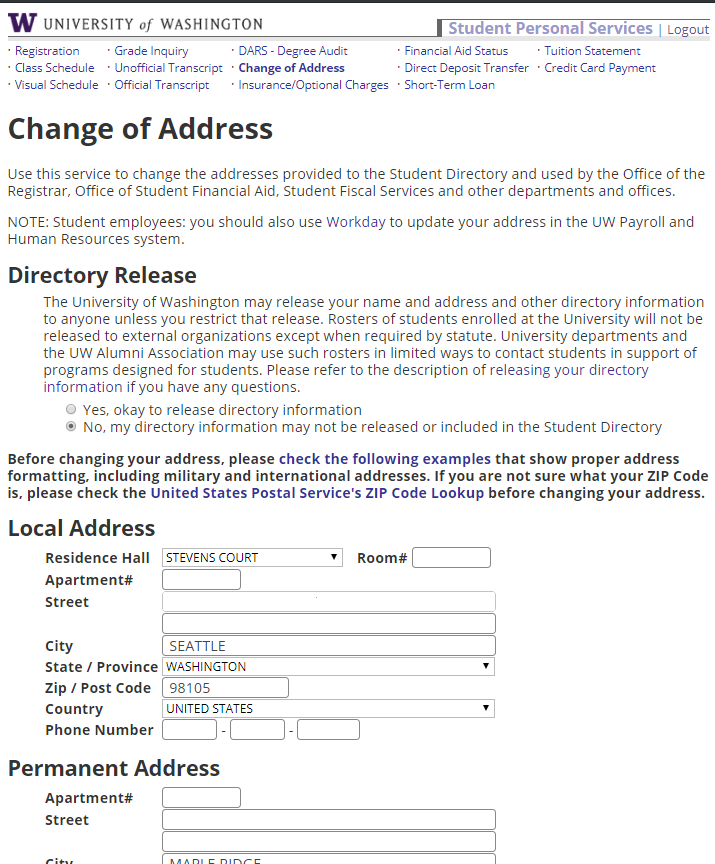 change of address screen